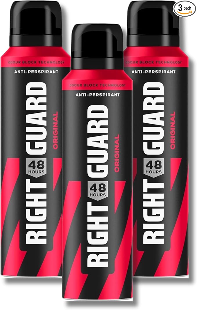 Right Guard Men's Deodorant Original, 48-Hour High Performance Anti-Perspirant Aerosol Spray - 3-Pack, 150ml Each, No White Residue Formula, Alcohol-Free for Sensitive Skin, Dermatologically Tested