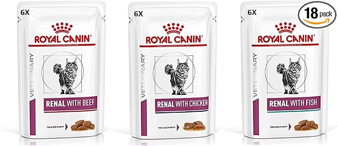 Royal Canin Feline Renal Mix of Tuna, Chicken, Beef Cat Food each 85g (Pack of 18)