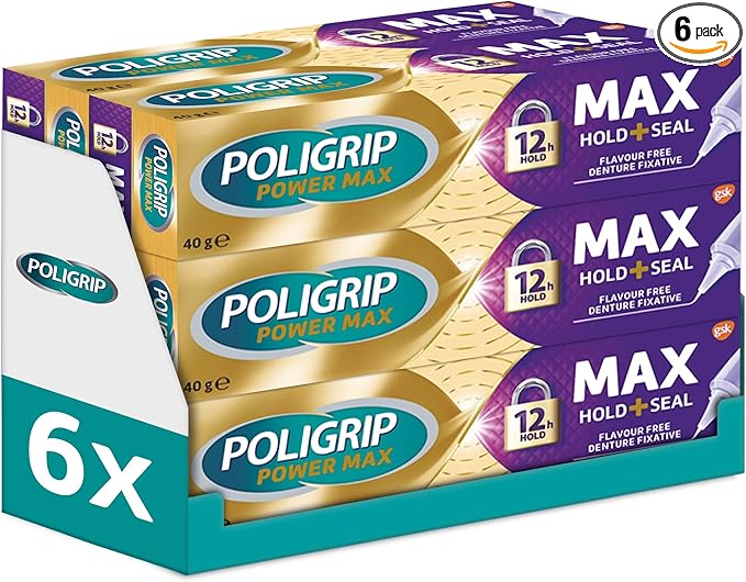 Poligrip Denture Adhesive, Max Seal Fixative Cream to Secure Dentures, False Teeth & Partials, 40g, Pack of 6
