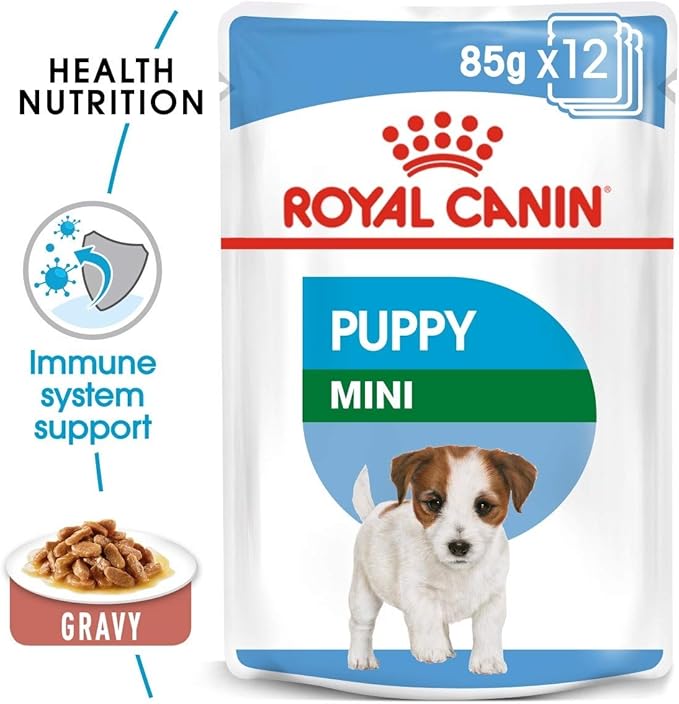 ROYAL CANIN Mini Puppy Food in Gravy x12 (85g) & Calming Treats. Donut Plush Squeaky Puppy Toy